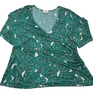 Leota Shirt Womens 2XL Green Leaf Print Stretch Knit Short Sleeve V Neck Top
